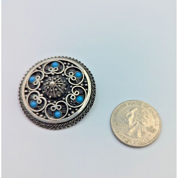 935 Sterling Silver Turquoise Jerusalem Israel Etruscan Revival Brooch Pendant - Picture 16 of 16